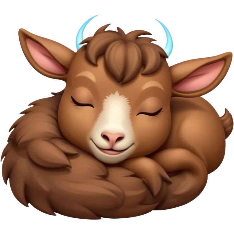 Meme-Worthy Cute Sleeping Brown Goat Portrait Emoji, Head resting peacefully with a contented smile, showcasing a robust build and a luxuriously soft brown fur, eyes shut in a serene, restful nap, Simplified yet hilariously adorable features, highly detailed, glowing with a soft, drowsy light, high shine, relaxed and utterly lovable, stylized with an air of playful laziness, bright and heartwarming, soft glowing outline, capturing the essence of a comically sleepy goat, so meme-worthy it feels like it could instantly become the next viral sensation of adorable slumber! emoji