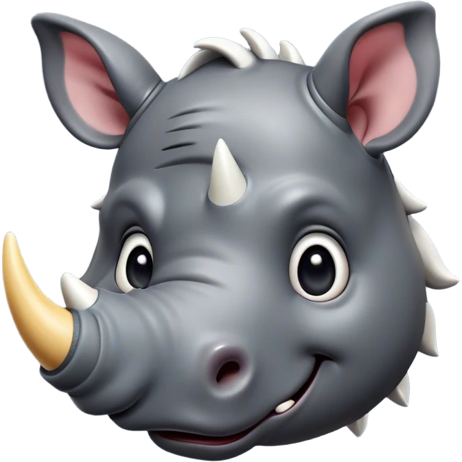 Cinematic Cute Rhinoceros Portrait Emoji, Head tilted playfully and inquisitively, featuring a rugged, glossy slate-gray hide with a gentle, rounded white horn and round, sparkling eyes filled with curious wonder, Simplified yet irresistibly adorable features, highly detailed, glowing with a warm, friendly glow, high shine, affectionate and mighty, stylized with a touch of ancient charm, bright and endearing, soft glowing outline, capturing the essence of a mischievous yet loving rhinoceros, so playful it feels like it could stomp out of the screen and into your arms! emoji