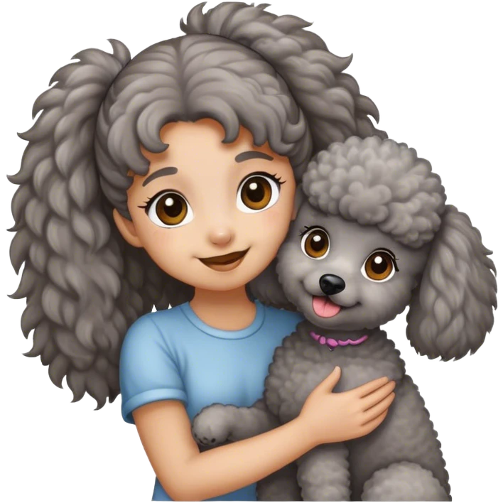 A Grey poodle held by a brown ponytail girl emoji