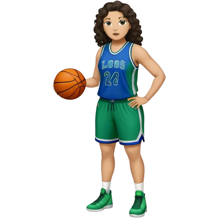 full body plus size light skin latino women basketball player with wavy dark hair large wide nose wearing blue with green uniform emoji