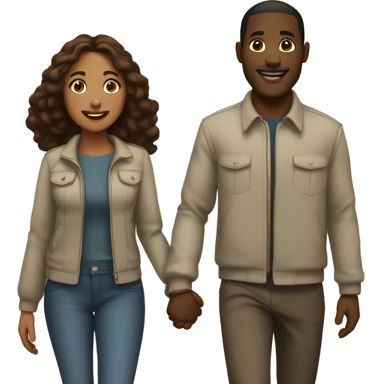 A black man  and a woman with  brown hair holding hands and walking side by side, smiling and enjoying their time together emoji
