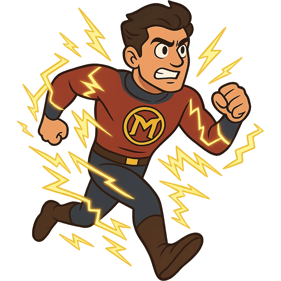 Minnal Murali running with lightning effects, cartoon style emoji