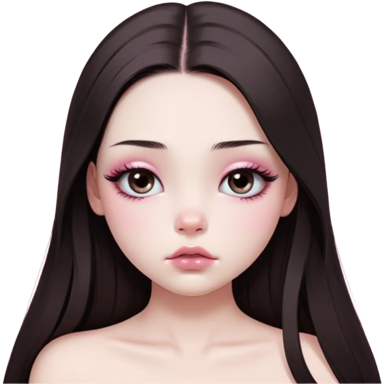 girl with white skin, dark brown long realistic straight hair with middle part prominently falling in front of her body over her shoulders, very big pouty extra shiny lips with absolutely no cupid's bow, big round shiny eyes with black eyeballs and huge eyelashes, no eyeshadow, pink blush on cheeks, lighter button nose, very long oval-shaped face, wearing a pink off-shoulder top, looking directly at camera with hands down at sides emoji