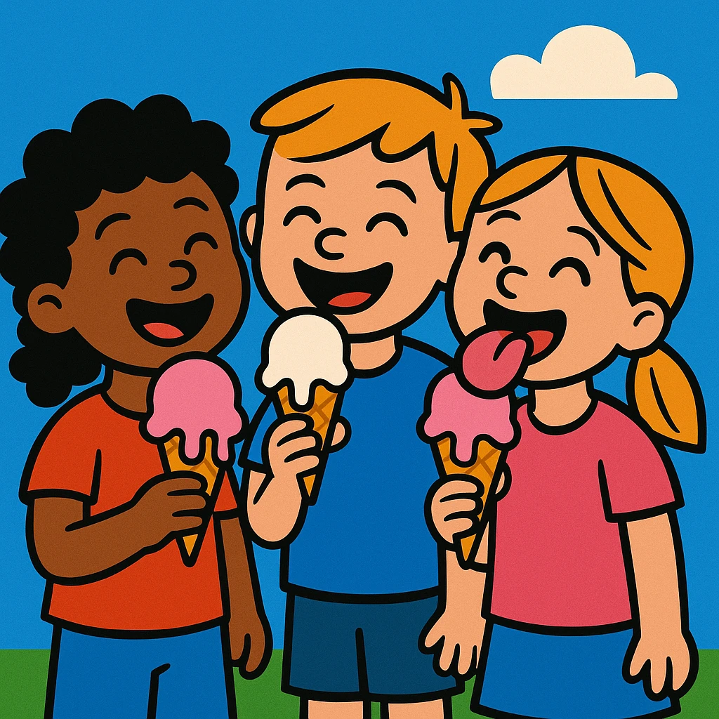 happy children with melting ice cream cones emoji