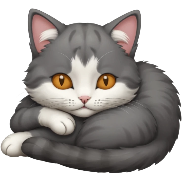 dark grey and white small cat with his eyes closed, leaning his head on his paw while leaning on his elbow lying down emoji