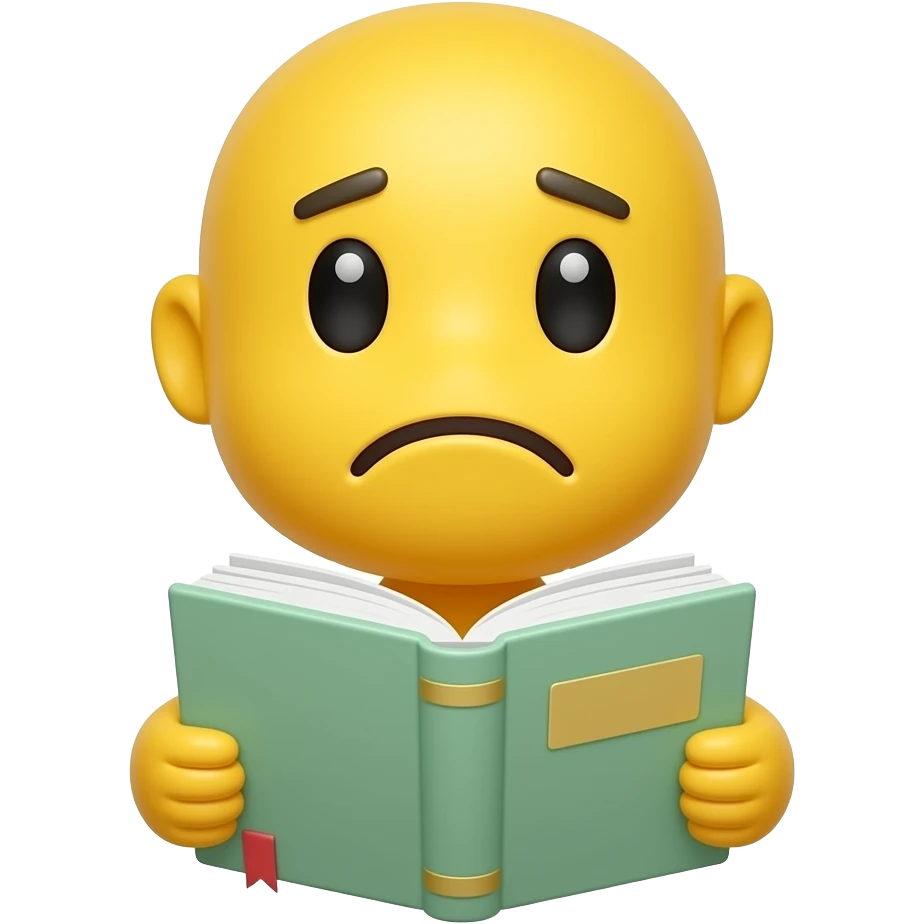 고민을 하는 이모지 왼쪽으로 기우뚱 오른쪽으로 기우뚱하면서 손에는 책을 들고 있는 이미지, 남성의 형태가 아니라 노란색 기본 이모지의 형태, 눈알의 형태를 좀 더 단순하게 표현하고. COLOR OF BOOK COVER = ' 5cFFD1' emoji