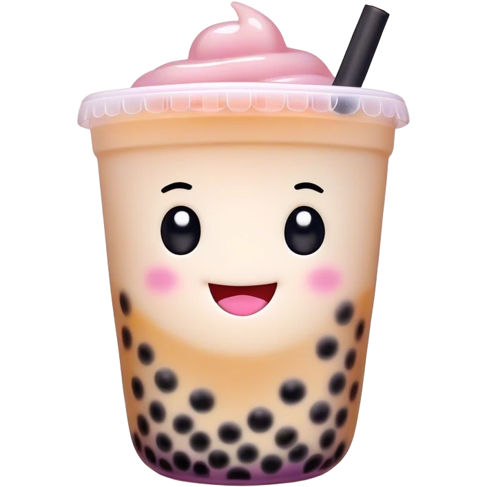 Cinematic pastel-colored bubble tea, chubby cup with a smiling face, tiny black tapioca pearls peeking out, soft glowing background, playful and adorable. emoji