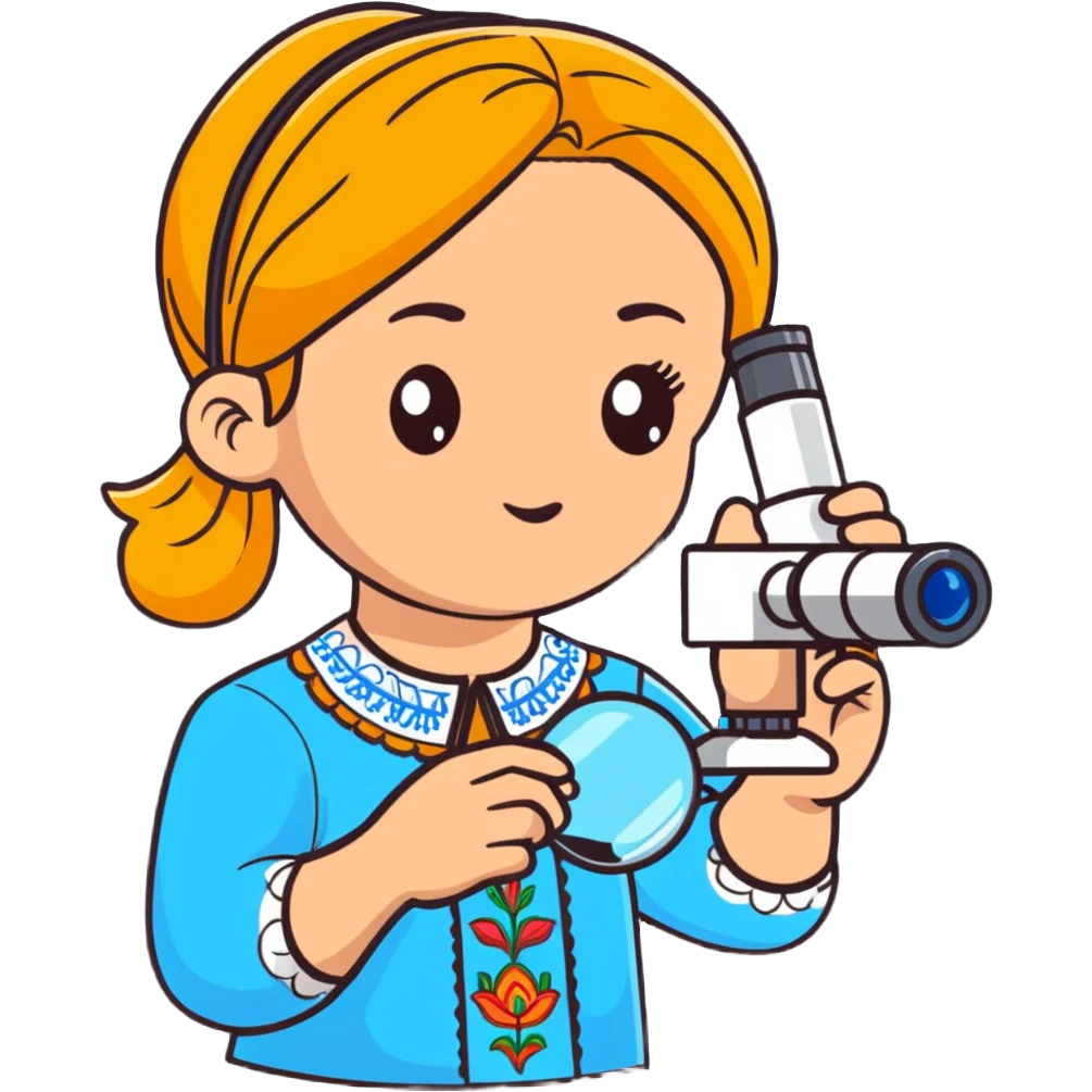 Ukrainian girl in traditional embroidered vyshyvanka shirt holding a microscope emoji