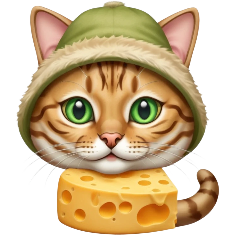 Sliver bengal cat with green eyes wearing a cheese hat emoji
