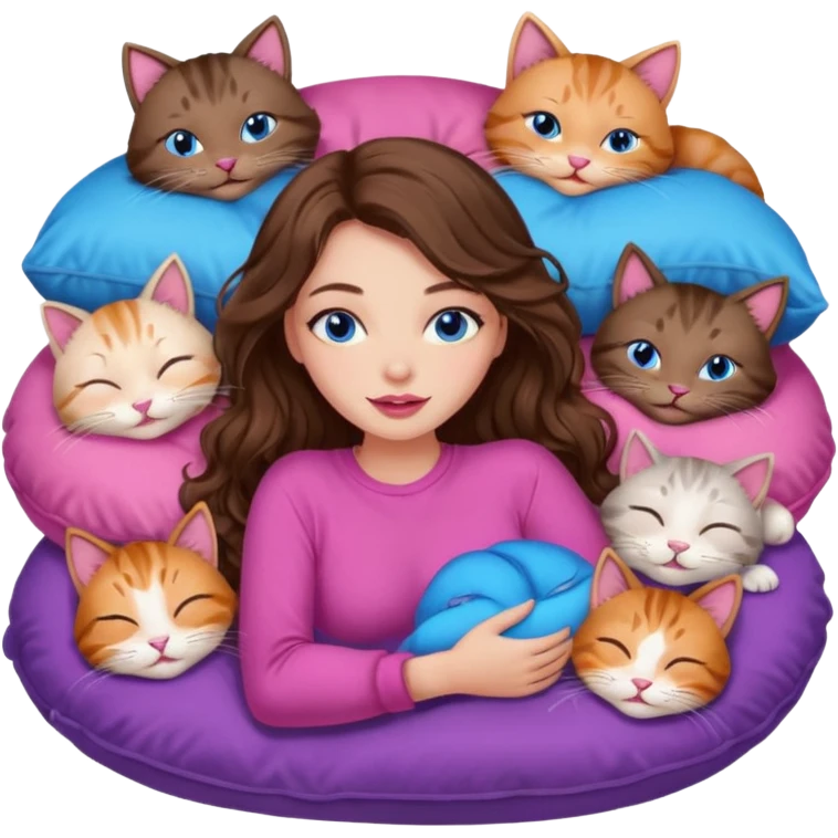 girl with long wavy brown hair, blue eyes, long lashes makeup, sexy pink lips, sleeping on a cozy pillow with 6 cats emoji