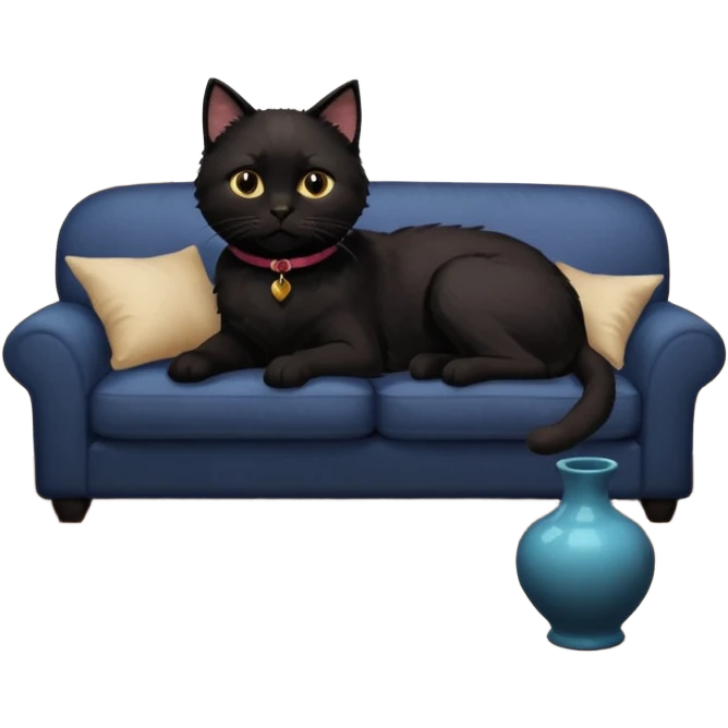 schwarze Katze auf dem Sofa mit unschuligem Blick und Hund auf dem Boden vor einer zerbrochenen Vase - Zimmer ist verwüstet, Kissen liegen unten emoji