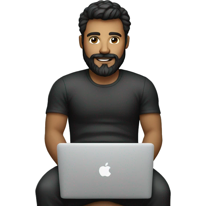 Hombre con barba con canas vestido de negro en bicicleta con una macbook y un iphone emoji