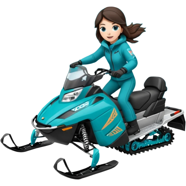 Can you create an emoji of a brunette girl on a teal polaris khaos 850 155 snowmobile doing a wheelie with snow flying emoji