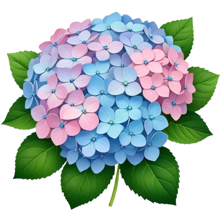 Natural hydrangea flower with realistic cluster of tiny individual blooms, soft color gradients from center to edge, slightly irregular rounded shape, and detailed green leaves emoji
