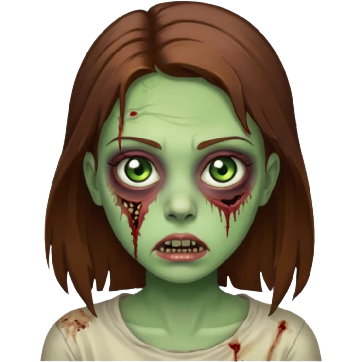 garota de cabelo castanho, olhos verdes, cilios grande e cara de zumbi emoji
