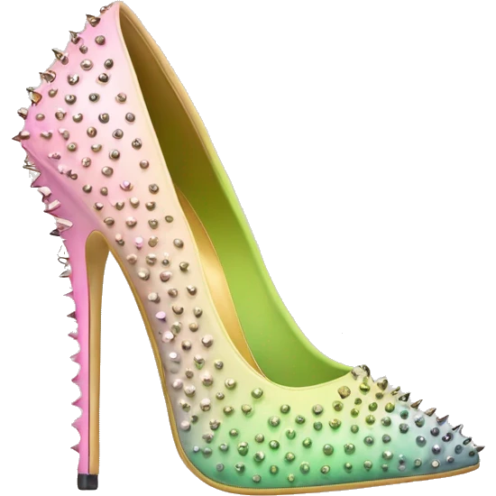 Hyper Realistic top front view of a pair of pastel pink,pastel green,and pastel yellow ombre gold studded pointed toe stiletto shoes.  emoji