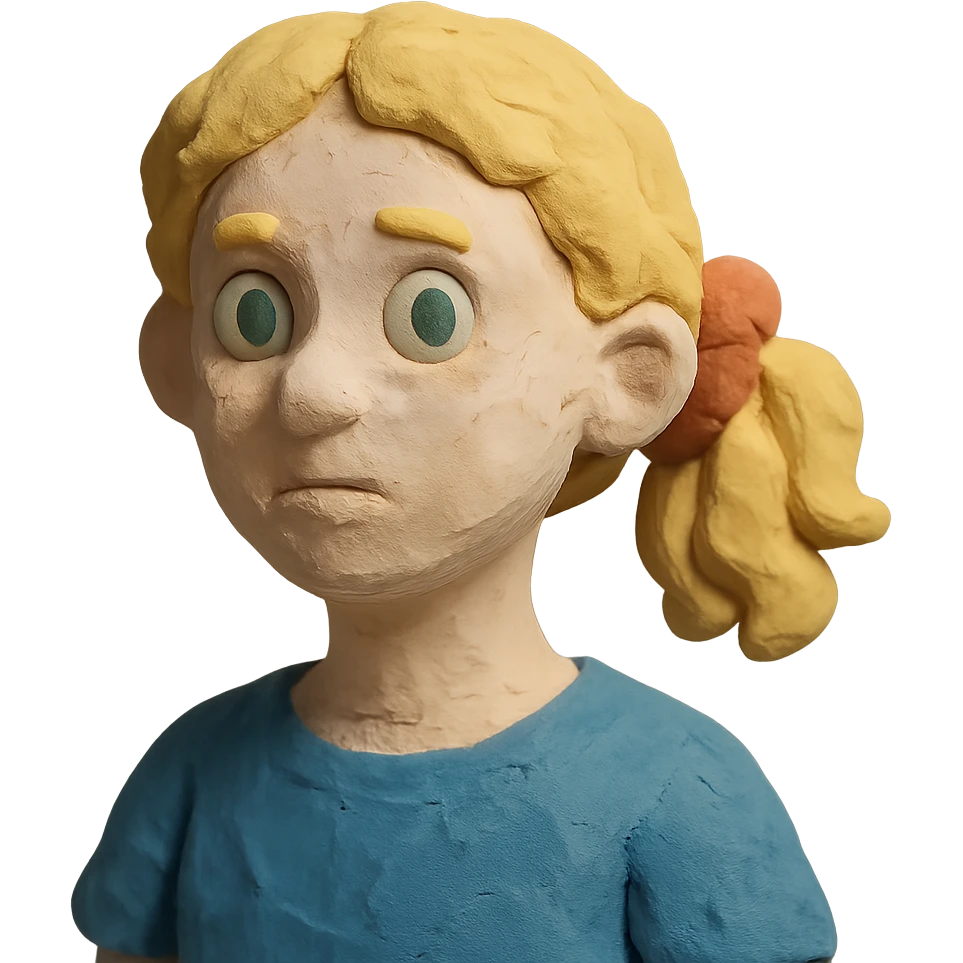 claymation style character with blonde, curly shoulder-length hair tied back with a red scrunchie, pale white skin, pale green eyes emoji