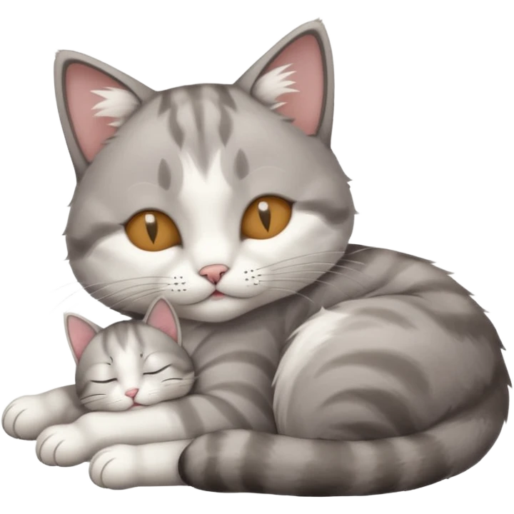 grey and white small cat with its eyes closed lying down leaning on his elbow with his paw curled under his head holding it up emoji