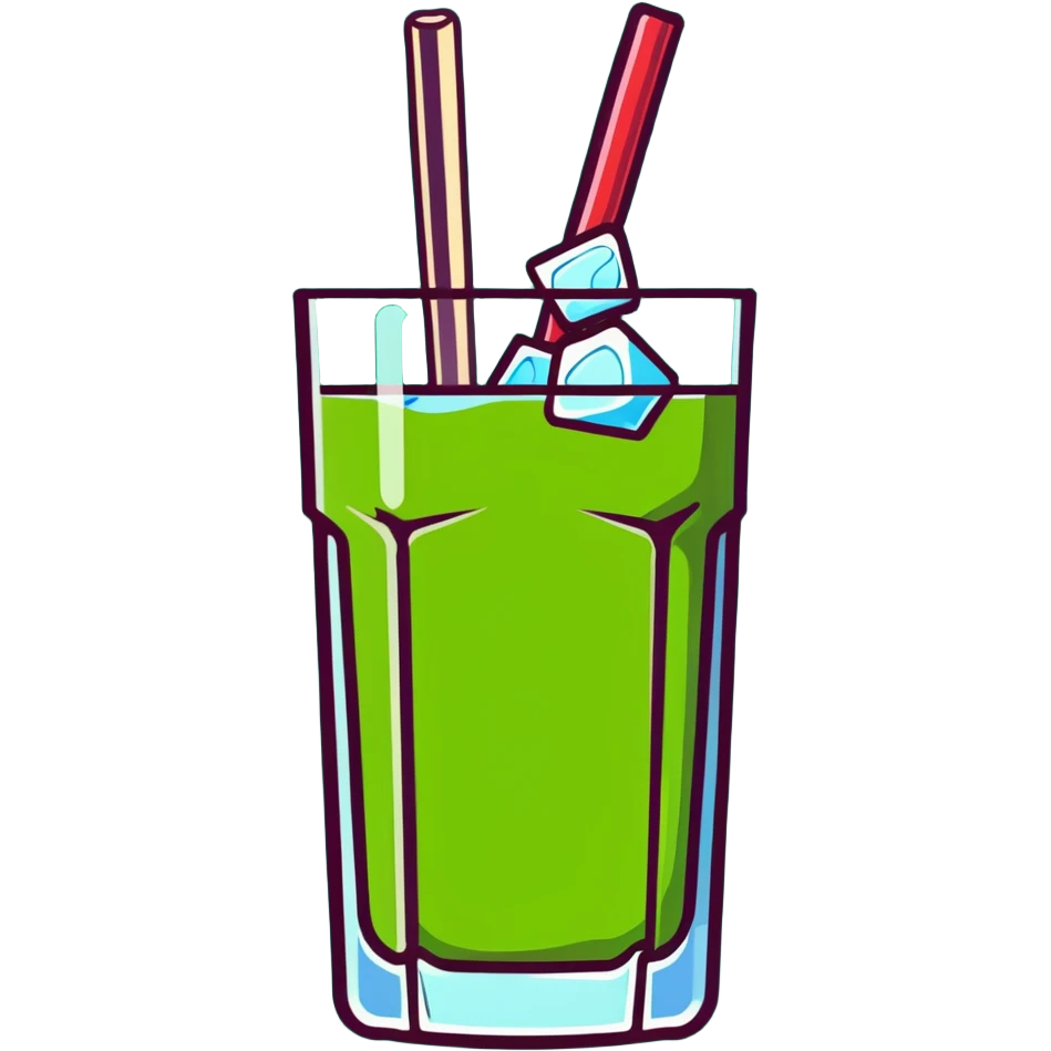 Tall glass of sweet sugarcane juice with ice cubes, light green liquid, straw, and sugar cane stalks beside it emoji