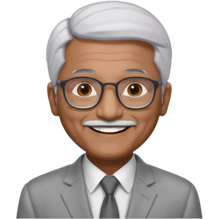 60 yr old indian man, short straight white hair brushed foreward , light grey business suit, big smile, dark brown skin, no moustache, dark brown eyes, glasses
 emoji