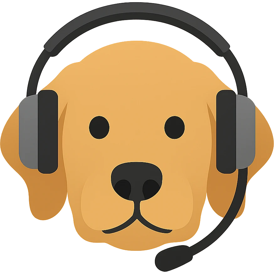 A golden retriever face emoji with a normal, realistic headset, minimal details, and no background. emoji