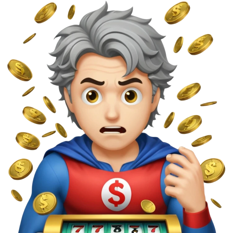 disheveled super hero losing money at a slot machine, panicked face, coins flying emoji