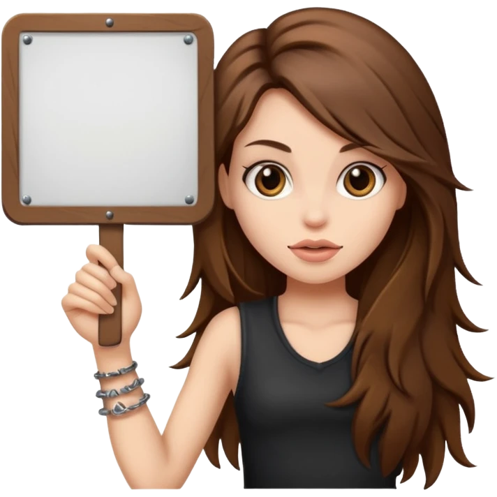 A rocker chick with long brown hair holding a large blank sign emoji