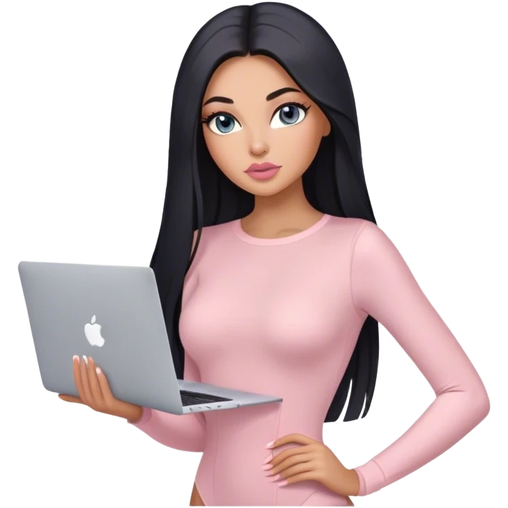 Glamours, tanned, very beautiful girl, with big pump peach-beige-rose lips, long lashes, black straight smooth silky long hair, straight parting hair, blue-grey eyes, in light-pink bodysuit holding MacBook emoji