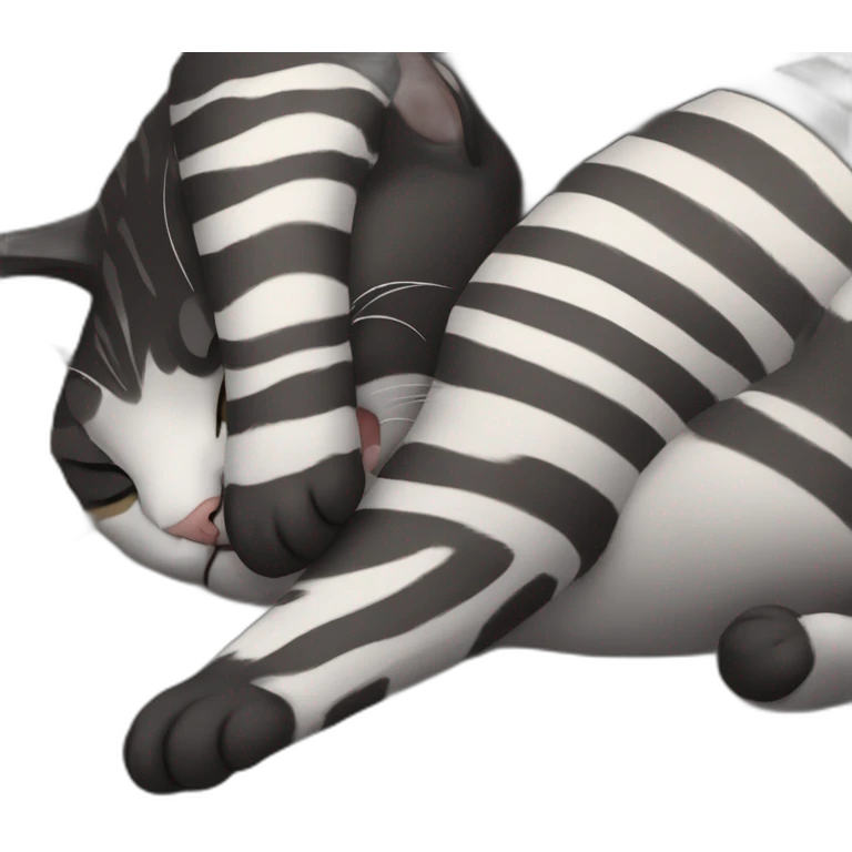 A black tabby cat with white paws and clear stripes on arms is sleeping emoji