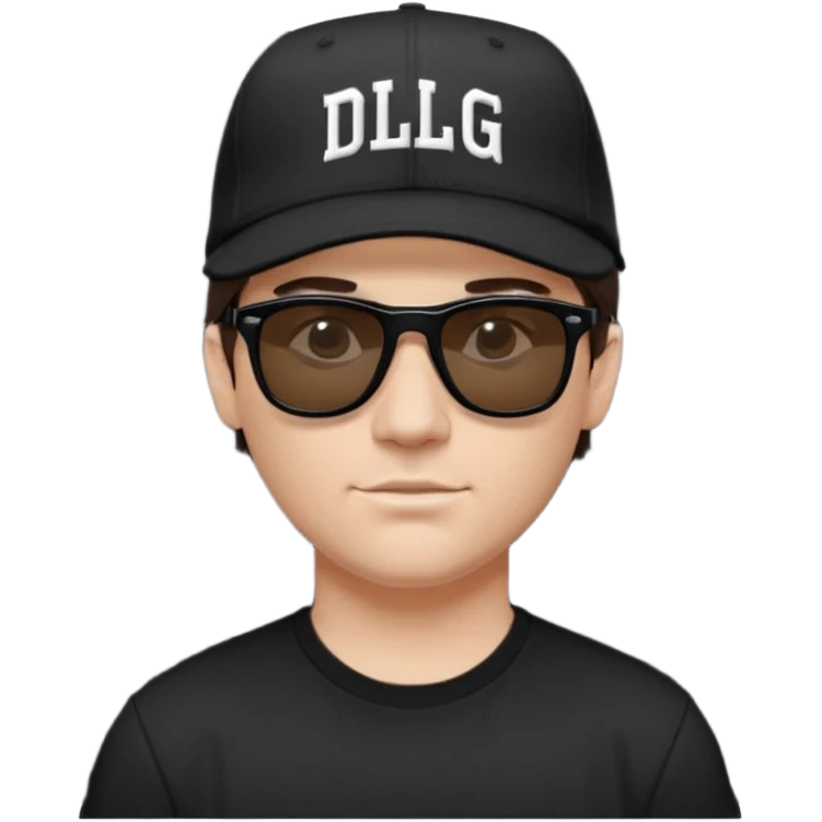 Emoji of a white man with short dark brown hair under a black baseball cap, wearing a black t‑shirt and 1980s‑style black Ray‑Ban rectangle sunglasses black lenses, with black musical notes floating around his head,  word "DLG" written on the hat emoji