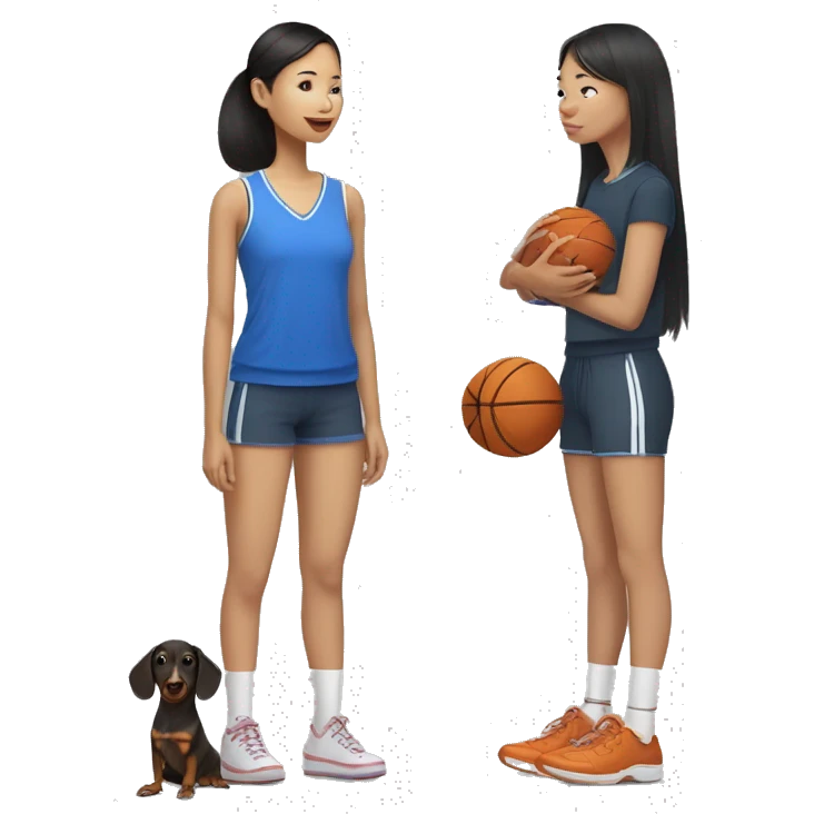 Short asian girl in basketball shorts and crocs with a dachsund emoji