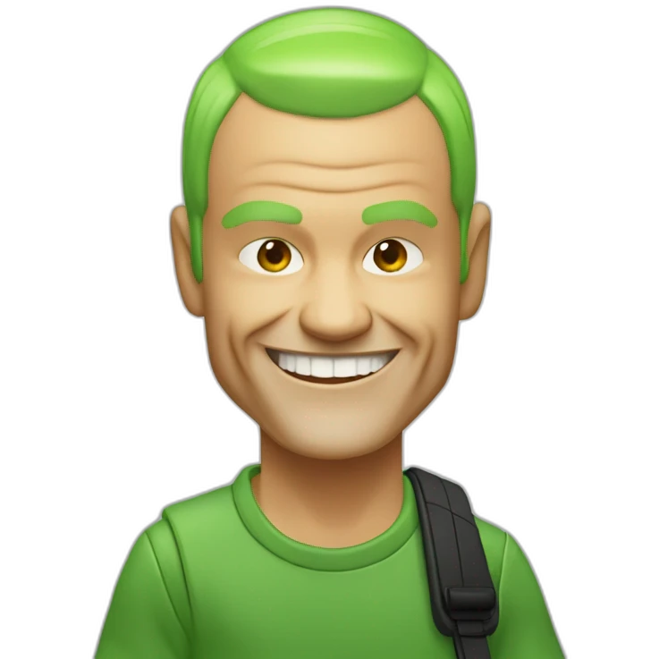Michael “Flea” Balzary faceshot, with neon green short hair, smiling, showing gap in front teeth,he is the bass player for Red Hot Chili Peppers emoji