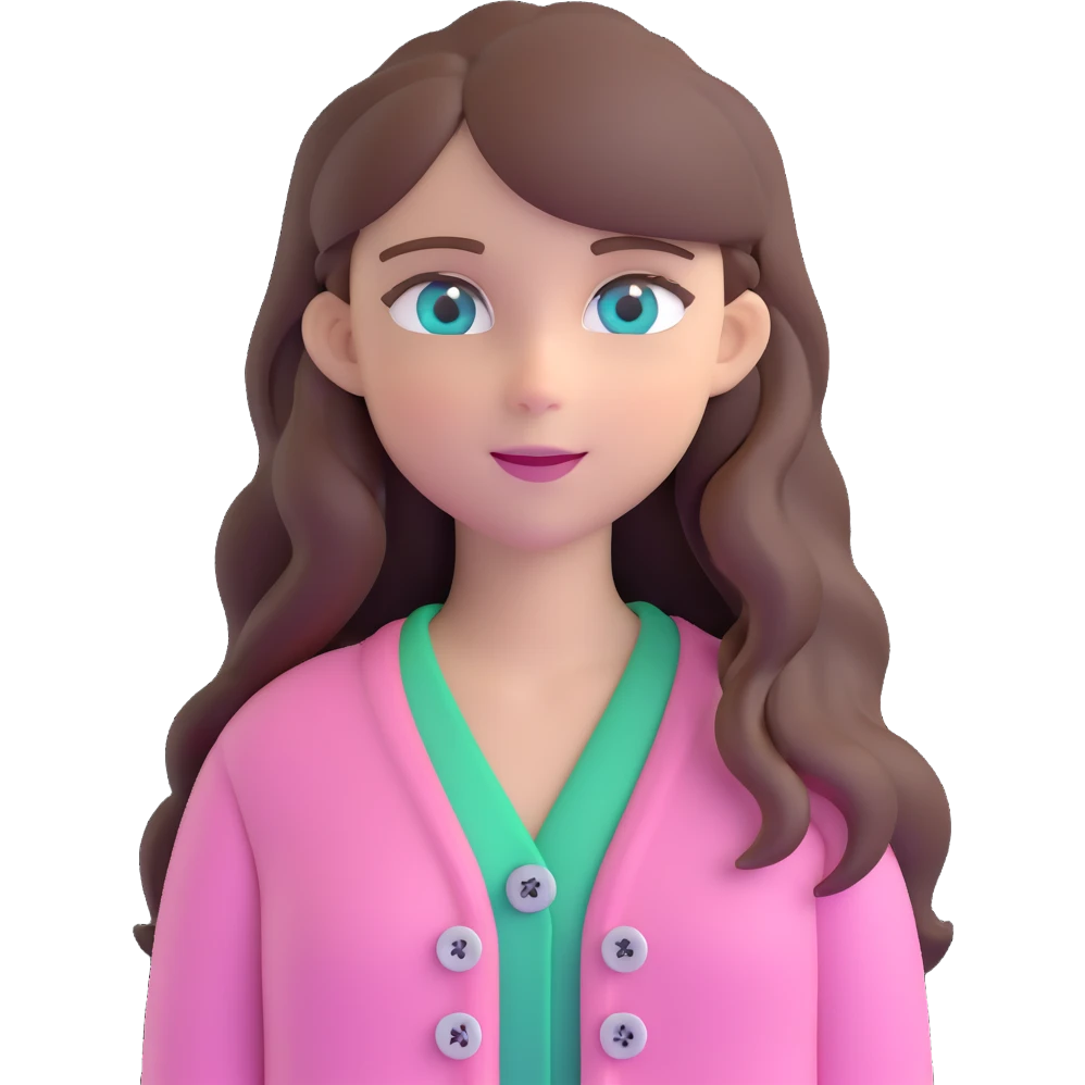 cute girl with long brown hair and blue eyes, wearing a pink cardigan with buttons emoji