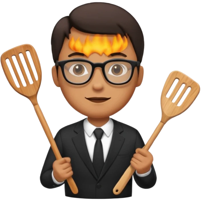 man with glasses wearing a suit and holding a grilling spatula emoji