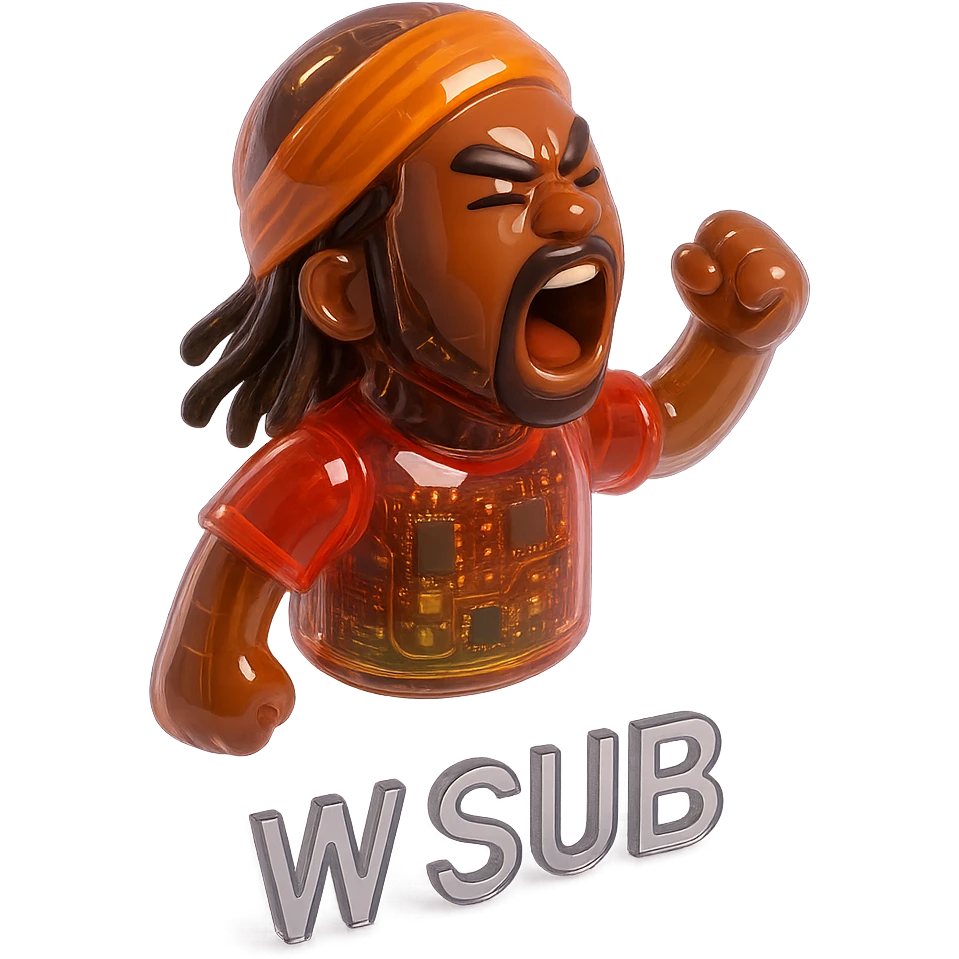 Brownskin man with long brown dreadlocks 
red  t-shirt 
orange turban 
expression is yelling 
Add the word W SUB emoji