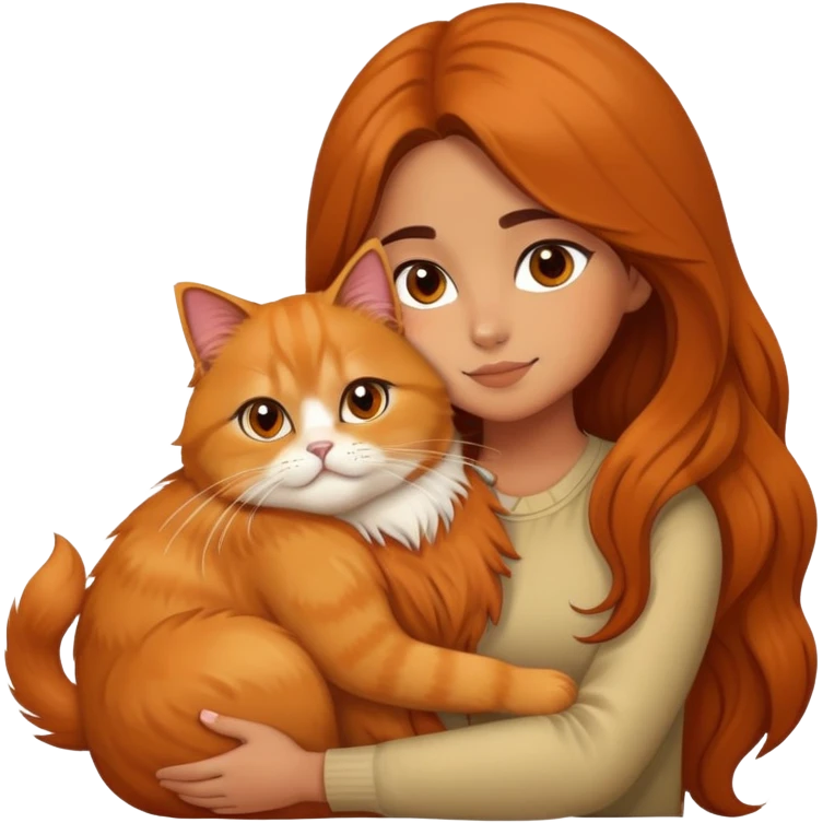 olive skin girl with long brown hair, hugging an fluffy orange persian cat emoji