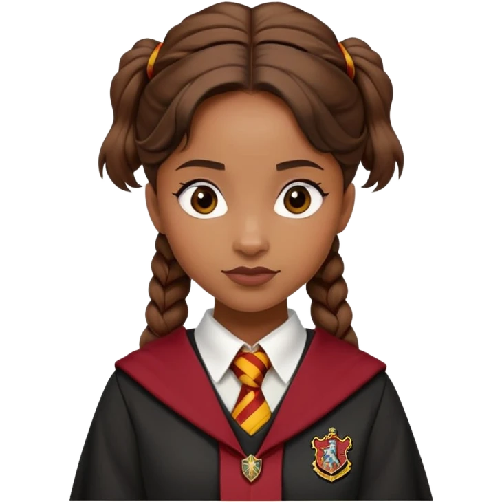 Angelina Johnson in harry potter, wear hogwarts gryfindor uniform, hair tied neatly emoji