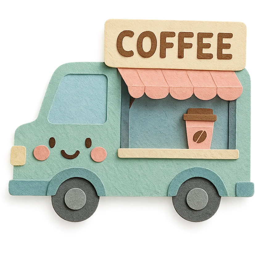 adorable mobile coffee truck, full body, pastel colors, blushing cheeks emoji