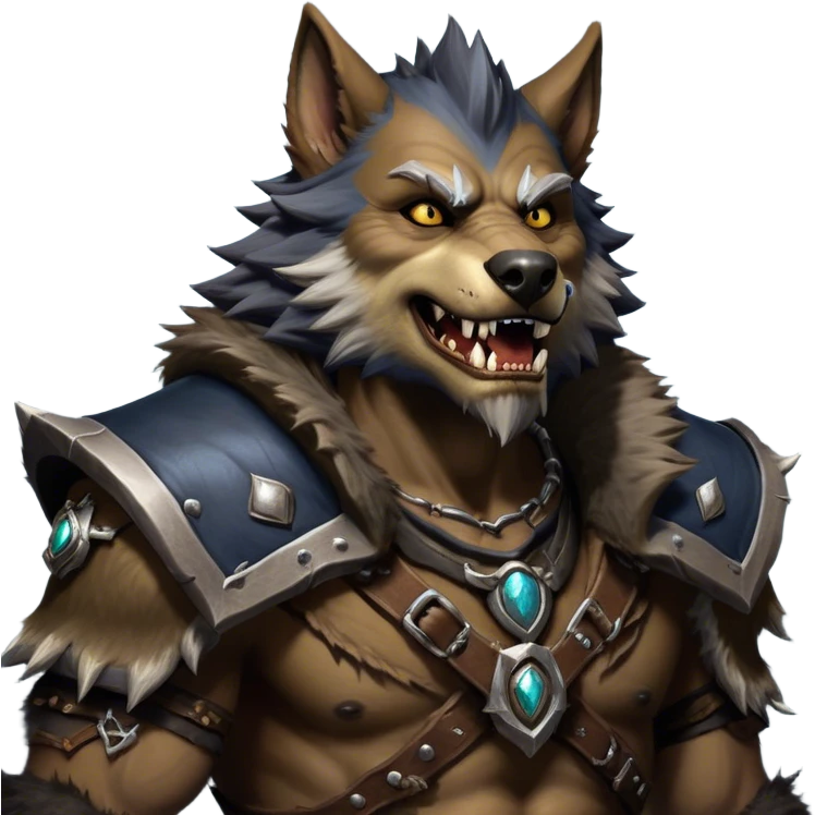 Cinematic Realistic WoW Worgen Portrait, head tilted dramatically with an exaggeratedly amused expression, blending ferocious beastliness with a touch of unexpected humor. His rugged fur, tanned skin, and worn leather garments are rendered with meticulous detail and dynamic lighting, high shine, dramatic yet whimsical, capturing the essence of a worgen whose epic might is tempered by a playful, irreverent charm. emoji