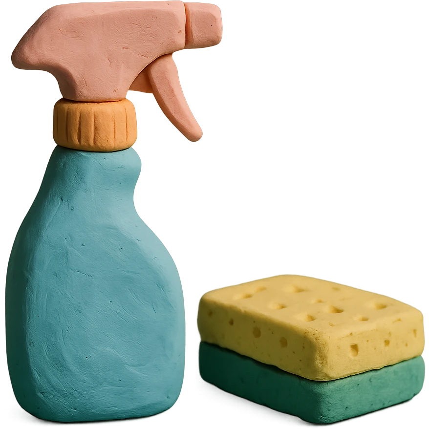 spray bottle and sponge in claymation style, pastel colors, visible fingerprints emoji