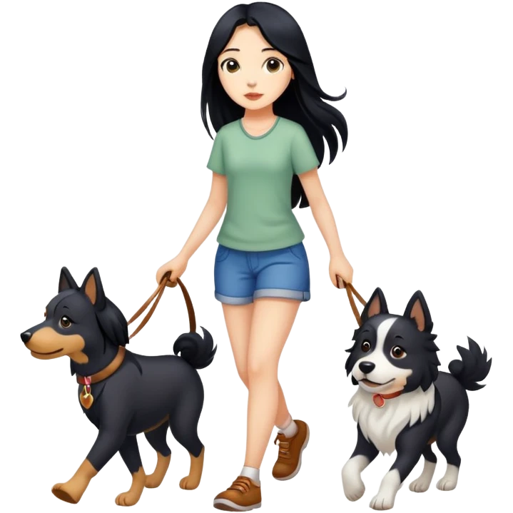 A girl with long black hair walking with three dogs emoji