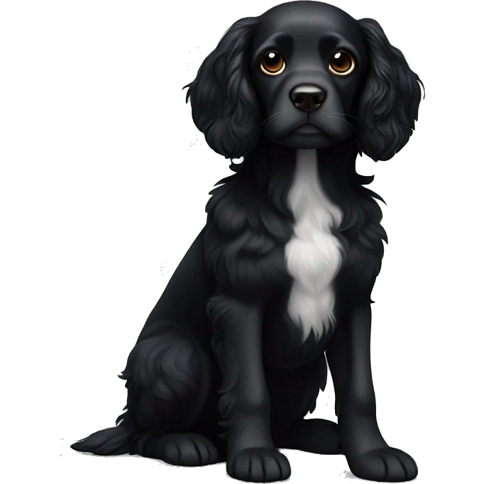 Small completely black spaniel with black fur on his whole face and white fur only on his chest emoji