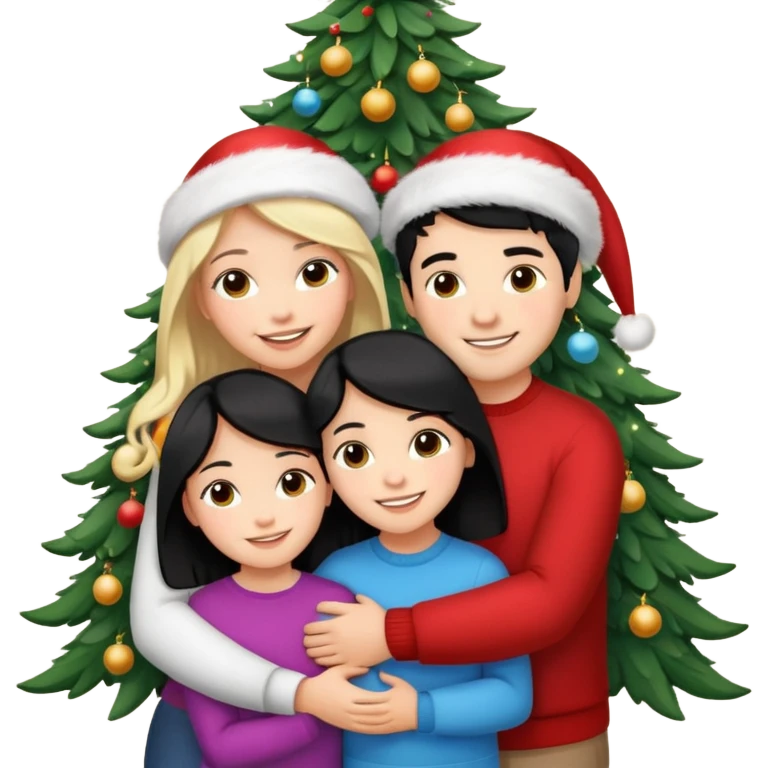 Generate Christmas-style emojis  family. Where light-skinned people stand near the tree all together, hugging and smiling. 2 girl should be Light-haired woman, 1 woman black-haired woman, and add 1 man  emoji