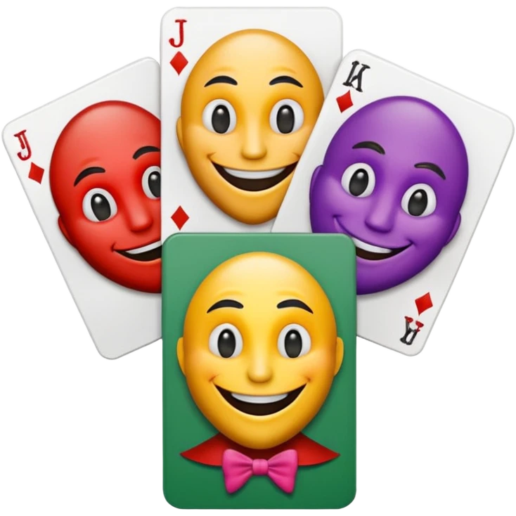 3 poker cards, with crazy colorful human jolly jokers inside emoji