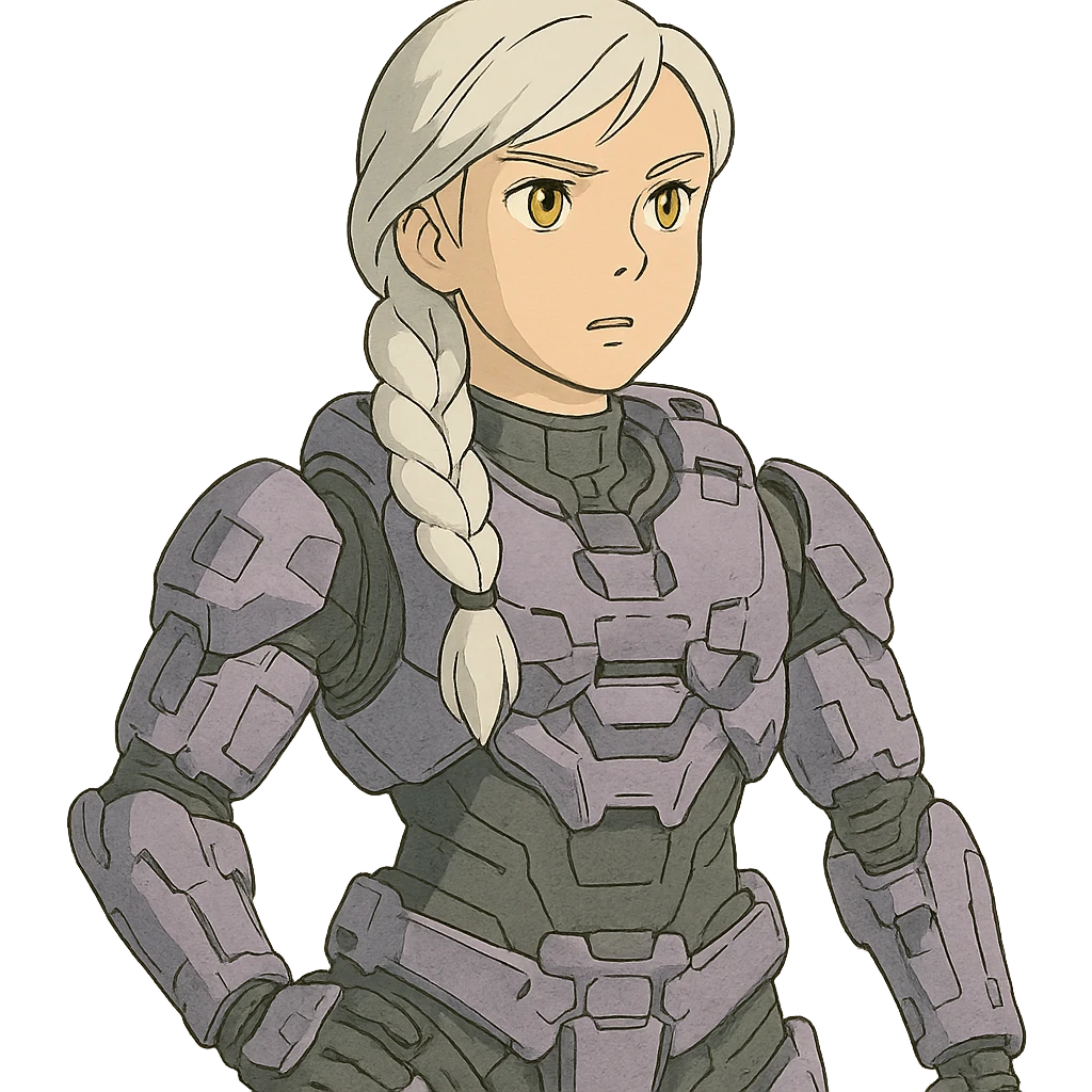 female, wearing reach spartan armor default, long white braid hair, gold yellow eyes, attention pose, halo series, no helmet, the armor is lavender color scheme and has no shoulder pad attachments emoji