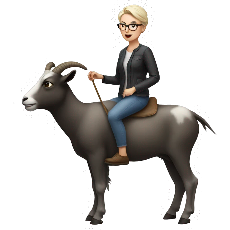 White woman with really short hair and glasses riding a goat emoji