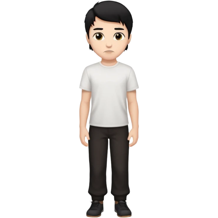 make a white boy with black hair and brown highlights with dark brown eyes with a plain white shirt and black plain pants with a nose piercing  emoji