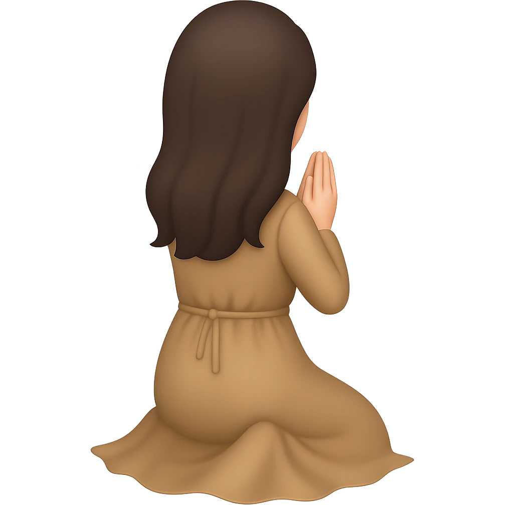 Show the woman kneeling and praying from the back view, wearing a long tan dress, with dark brown hair, in emoji style, no background. emoji