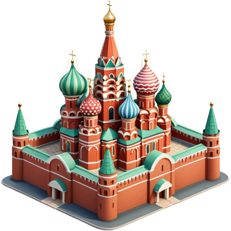 Isometric illustration of Moscow, featuring photorealistic Moscow with colorful onion domes, hand-drawn painterly details, subtle texture on bricks and roofs, realistic shadows and soft lighting, muted yet vivid color palette, diorama miniature effect. emoji