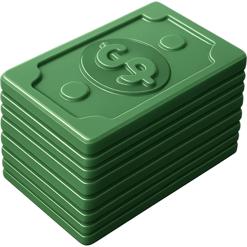 Create a stack of cash in the style of a hard, shiny plastic toy figurine, smooth, rigid, and glossy with hyper-realistic and highly detailed features. The cash should look like a toy version matching the plastic figurine look. No background. emoji